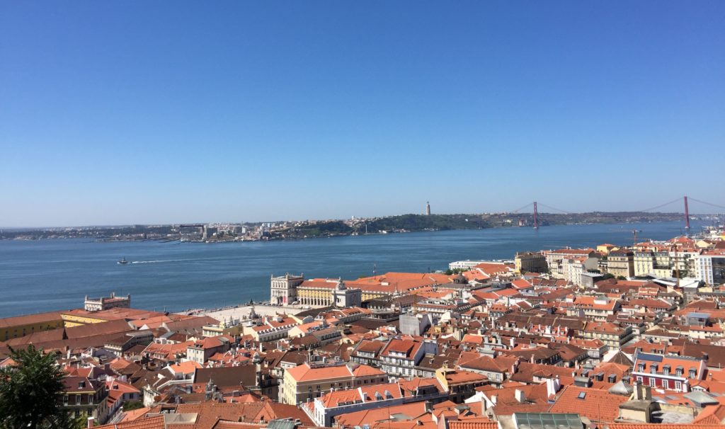 Red rooftops and the Tagus River view from Castelo de São Jorge in Lisbon