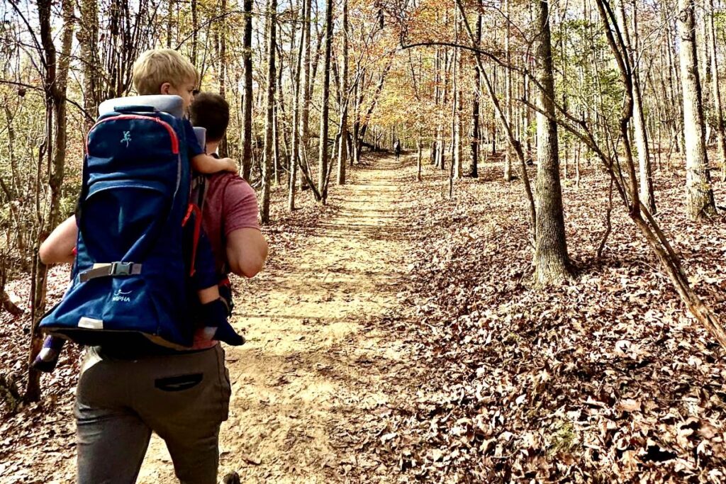 A man hiking through a wooded trail in the fall, carrying a child in a backpack carrier.