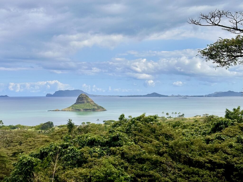 A scenic view of Chinaman's Hat island surrounded by blue ocean water, with green trees under a cloudy sky.