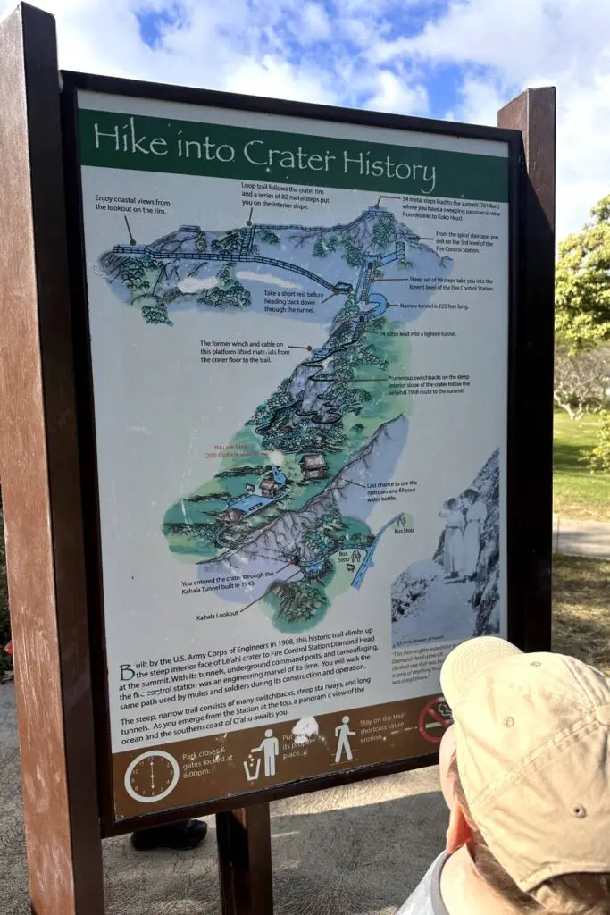 A child wearing a hat looks at an informational sign titled "Hike into Crater History," which includes a detailed map and descriptions of the Diamond Head Hike in Oahu, Hawaii and its historical landmarks.