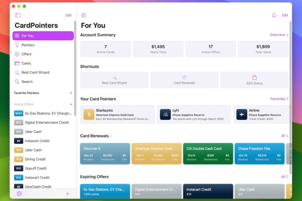 Screenshot of the CardPointers app interface displaying various features for managing credit cards and rewards.