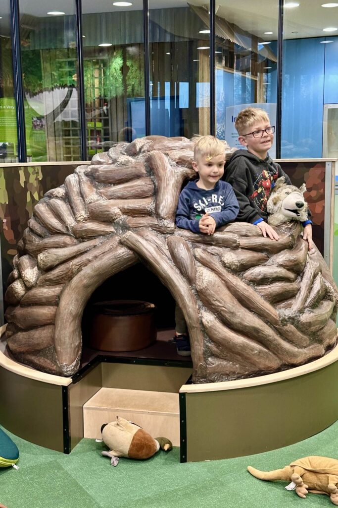 Two children smiling while playing inside a large, hollow tree-like structure designed for interactive exploration. National Museum of the American Indian