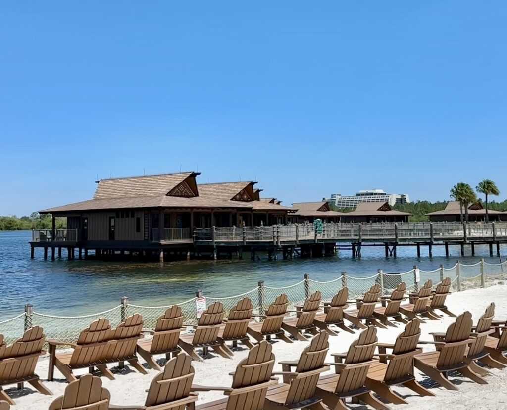 The overwater bungalows at Disney's Polynesian Resort with the 'Ohana character breakfast