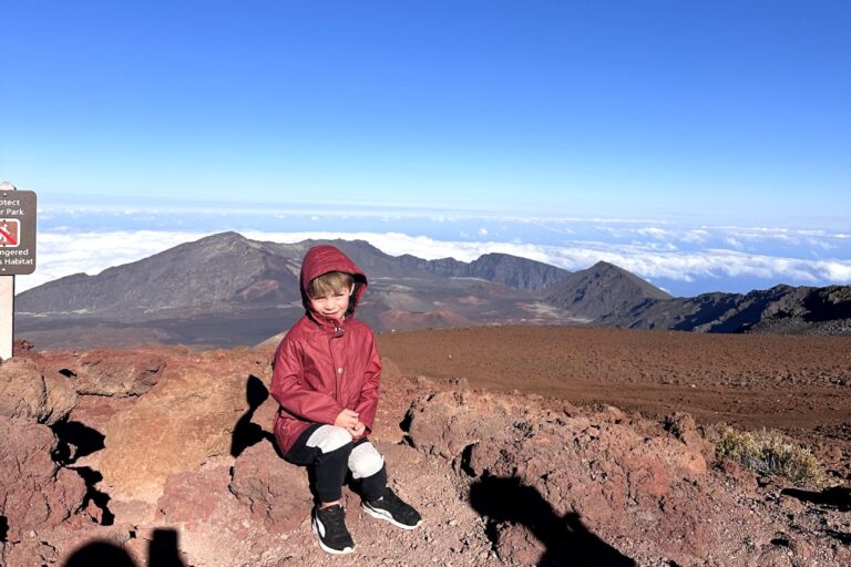 A young child in a red jacket sitting on a rocky ledge with the vast, rugged crater of Haleakalā National Park stretching out behind them.