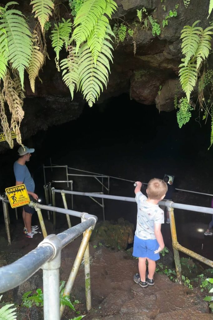 A child points towards the dark entrance of the lava tube cave while standing beside a caution sign, with metal handrails and ferns hanging above.