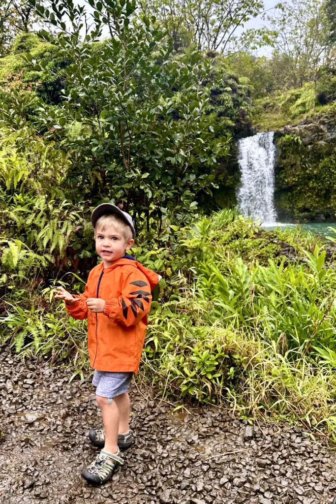 A young child in an orange rain jacket stands on a rocky path near a waterfall, surrounded by lush green vegetation and ferns. Maui, Hawaii.