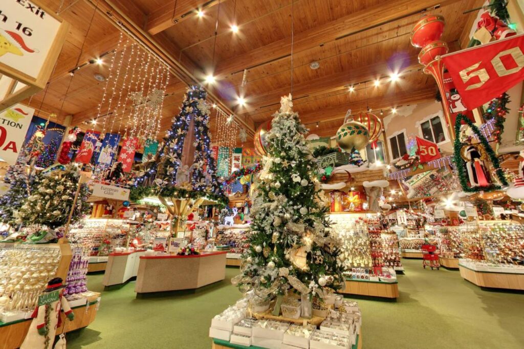 Inside Bronner’s Christmas Wonderland with decorated trees and ornaments.