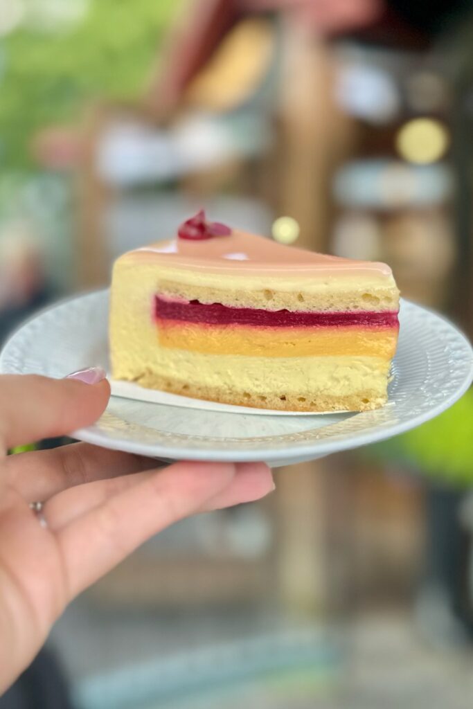 Slice of layered fruit mousse cake held up on a plate with a blurred café background.