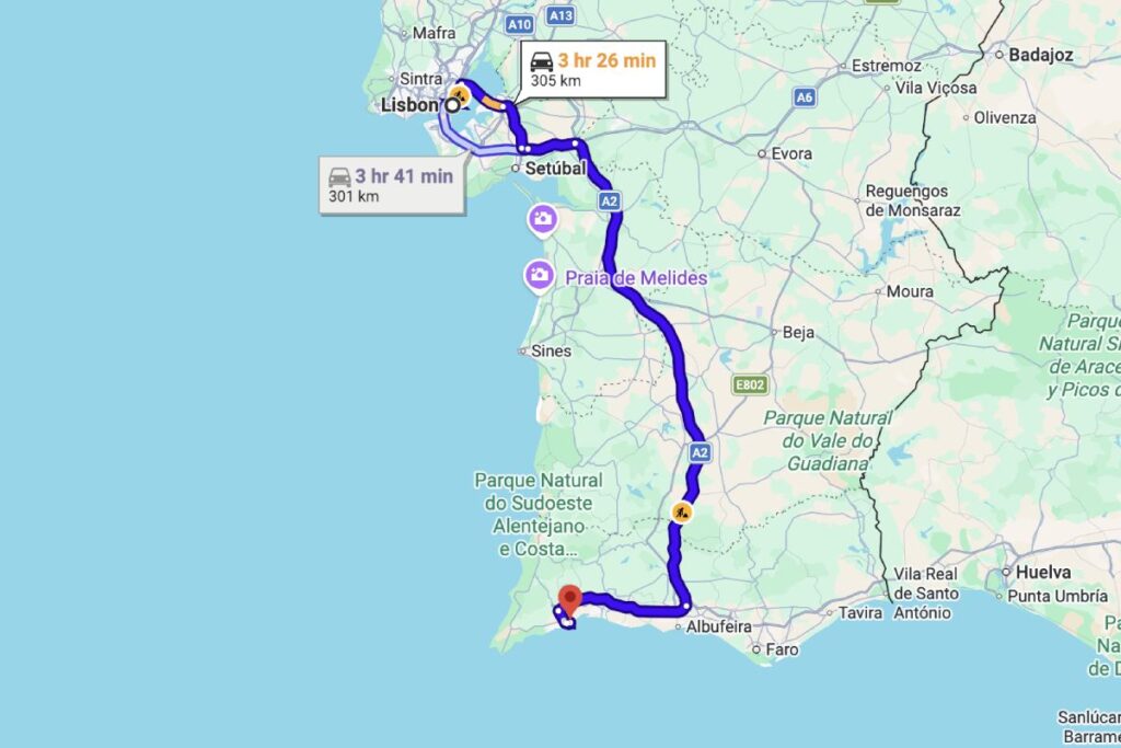 Map showing the driving route from Lisbon to the Algarve Portugal, with travel times and distance.