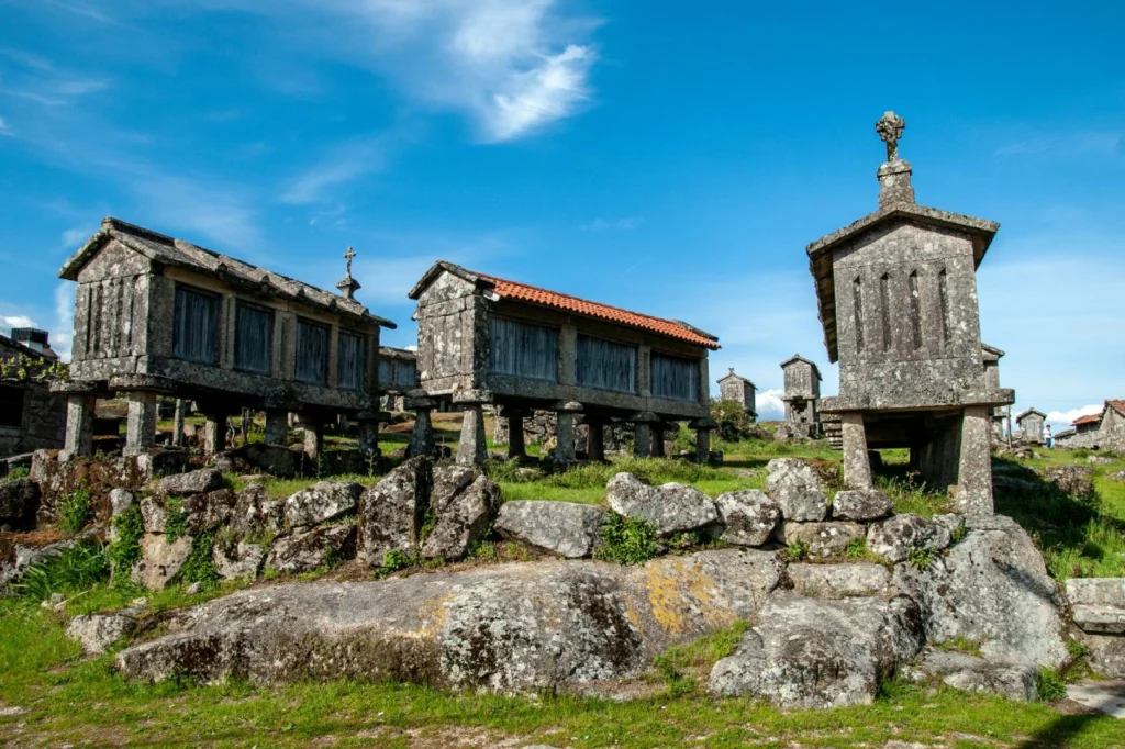Ancient espigueiros — traditional stone grain stores raised on stilts — in the village of Soajo, Peneda-Gerês National Park, northern Portugal