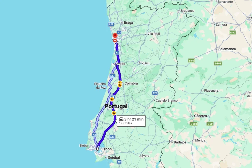 Google Maps route showing the drive from Lisbon to Porto along the A1 motorway in Portugal, a distance of 195 miles taking approximately 3 hours and 21 minutes