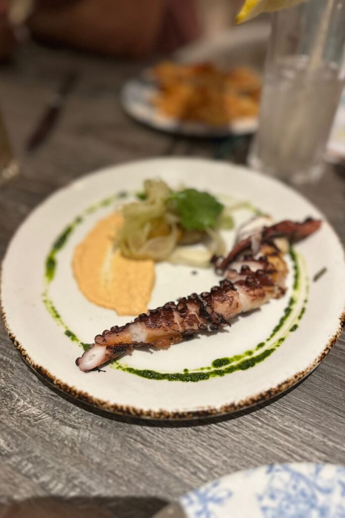 Grilled octopus plated with romesco sauce, fennel, and herb oil at a Baha Mar restaurant in Nassau, Bahamas.