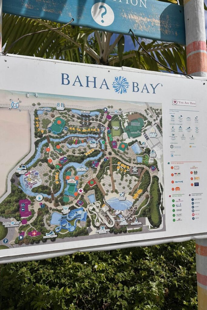 The Baha Bay water park map sign showing the full layout of attractions, slides, pools, food trucks, and amenities at the Grand Hyatt Baha Mar resort in Nassau.