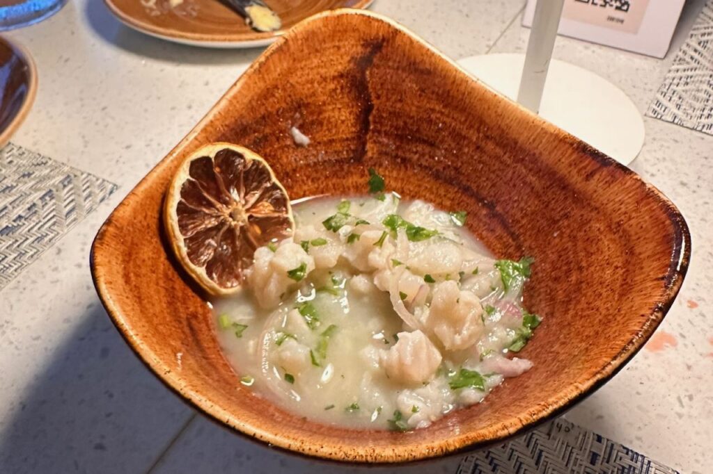 Ceviche served in a rustic ceramic bowl with herbs and a dried citrus garnish at Tierra restaurant