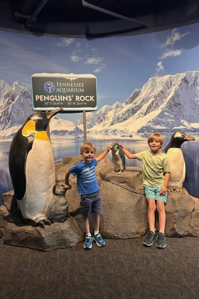 Two boys posing with penguin statues at Penguins Rock in the Tennessee Aquarium