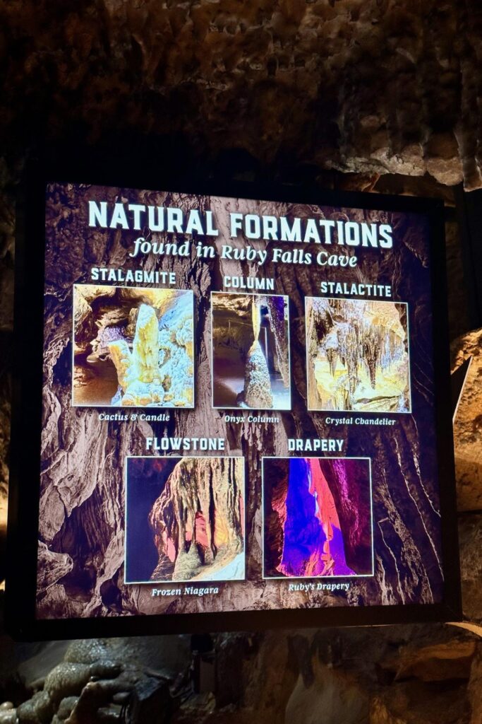 Sign showing natural rock formations found inside Ruby Falls cave in Chattanooga
