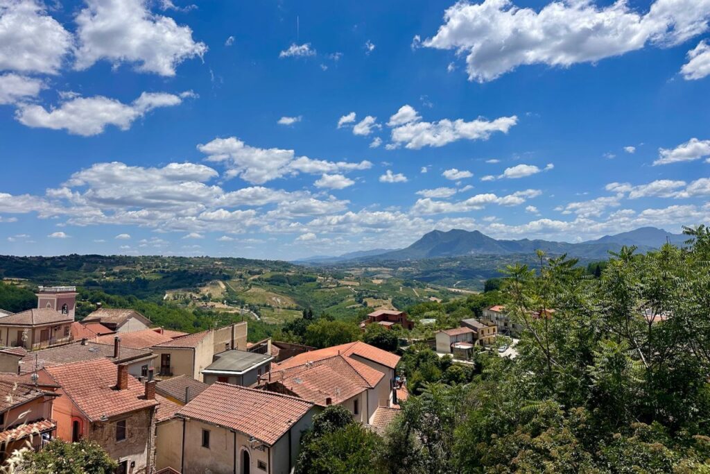Panoramic view over the terracotta rooftops of a small Avellino hill town, with green valleys, vineyards, and mountains stretching to the horizon under a bright blue sky. Genealogy Trips