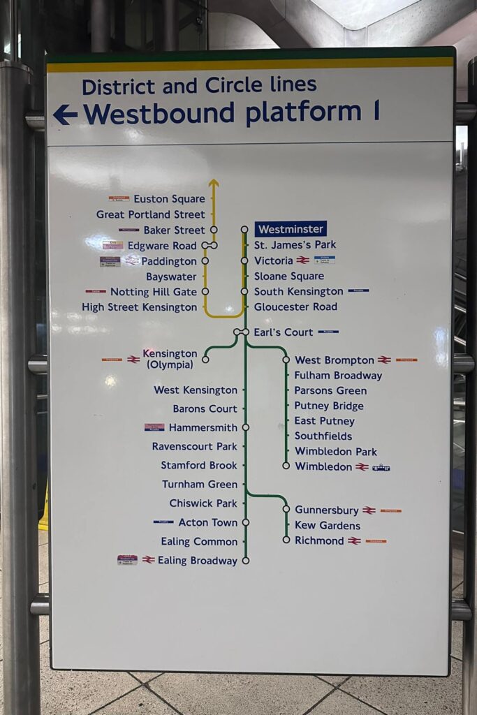 District line platform sign at a London Underground station showing Richmond as the final stop on the westbound branch