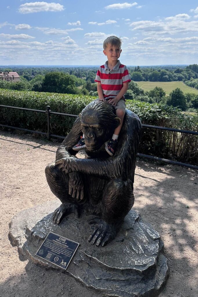 Young boy sitting on the bronze chimpanzee sculpture Esme at a Richmond viewpoint