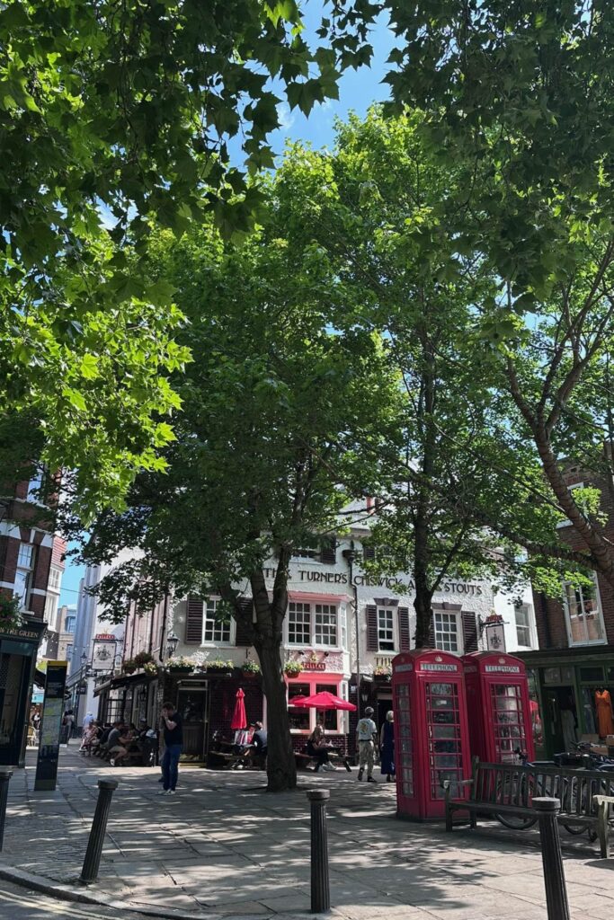 Richmond Green under plane trees with The Prince's Head pub and red telephone boxes