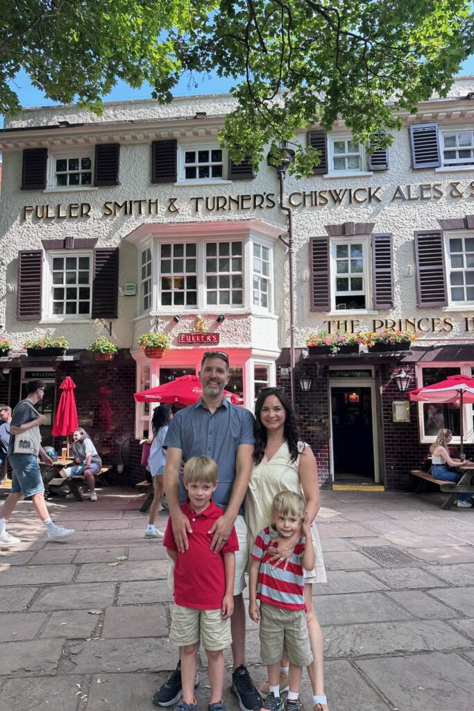 Family of four outside The Prince's Head, the Ted Lasso pub in Richmond London
