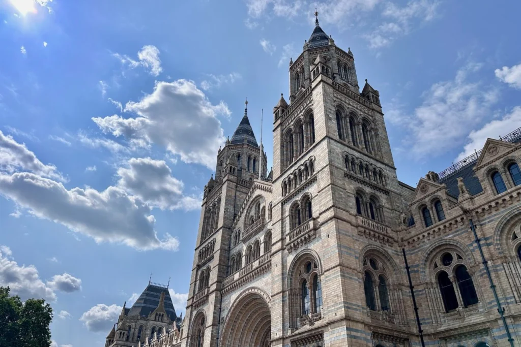 Ornate stone facade and towers of the Natural History Museum in London against a blue sky.