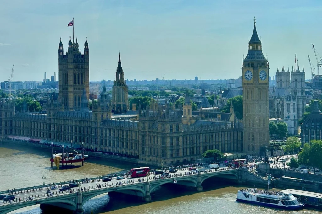 Houses of Parliament, Big Ben and Westminster Bridge seen from above on the London Eye.